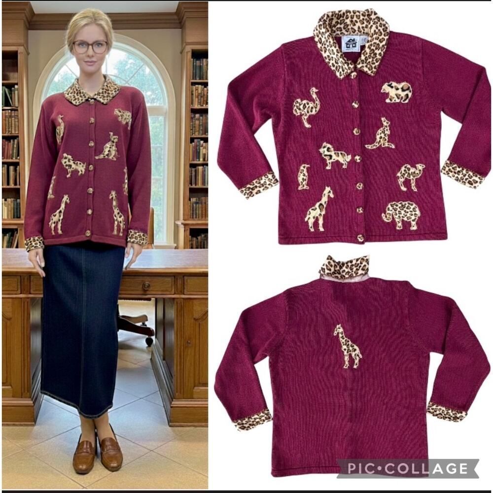 VTG Storybook Knits Animal Print Button Cardigan SZ Large Academia Grannycore